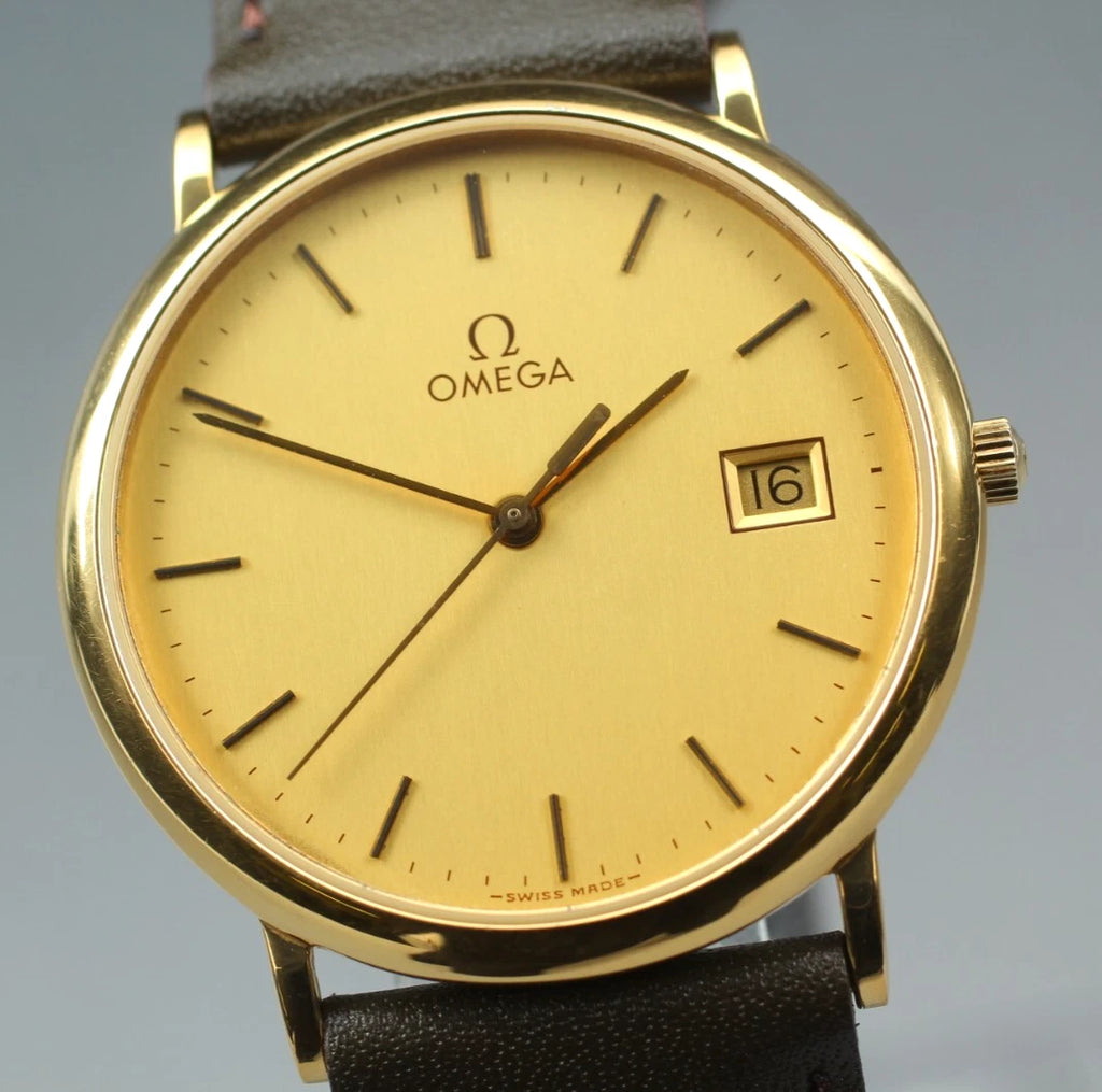 Vintage Omega DeVille 196.0312 Gold Date Quartz Mens Watch 32mm
